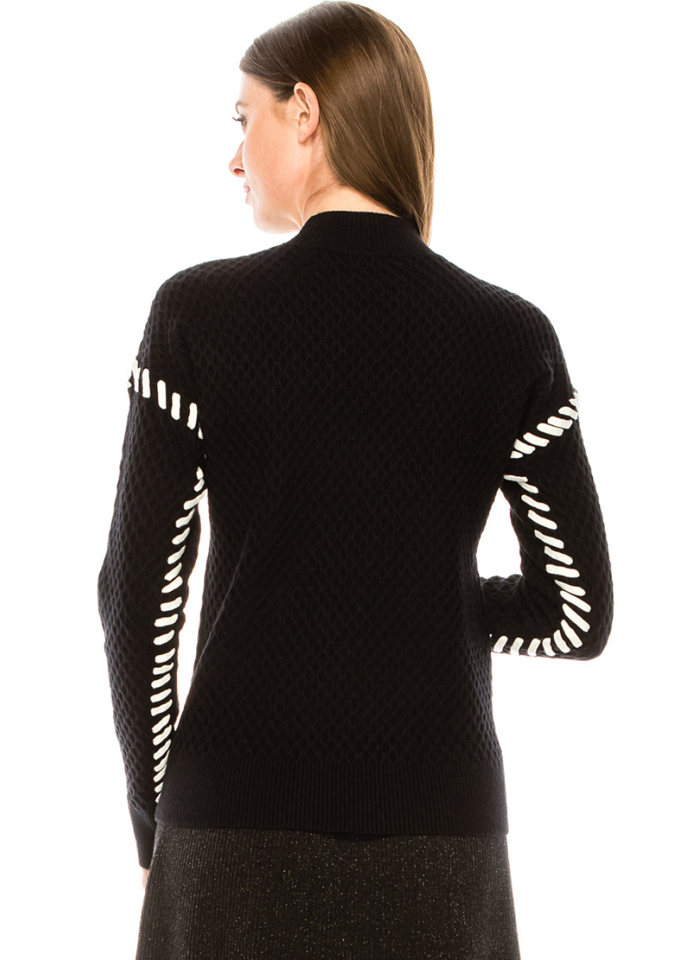 Black waffle knit sweater with white stitches | Modest Women